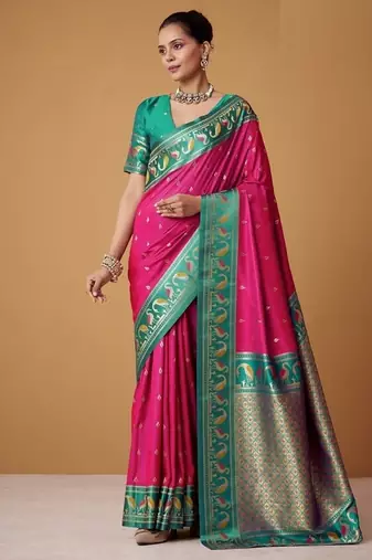 rani pink soft satin contrast border festival wear saree