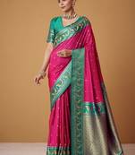 rani pink soft satin contrast border festival wear saree