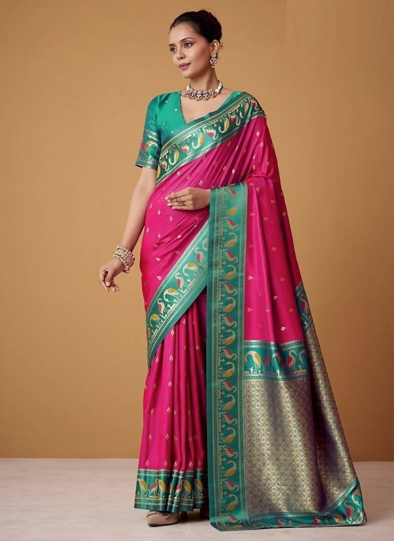 rani pink soft satin contrast border festival wear saree