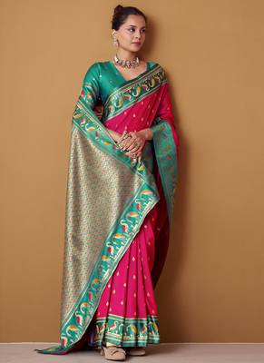 rani pink soft satin contrast border festival wear saree 2