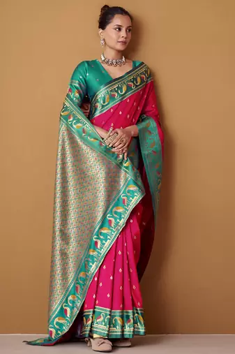 rani pink soft satin contrast border festival wear saree