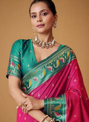 rani pink soft satin contrast border festival wear saree 3
