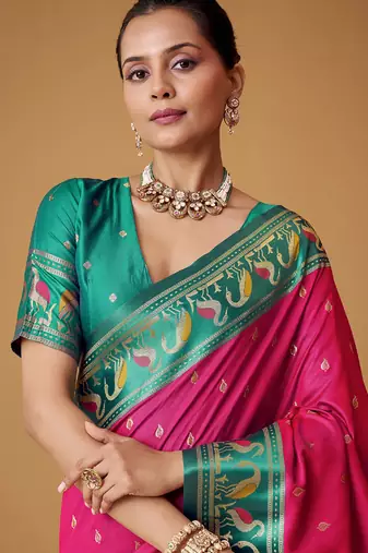 rani pink soft satin contrast border festival wear saree