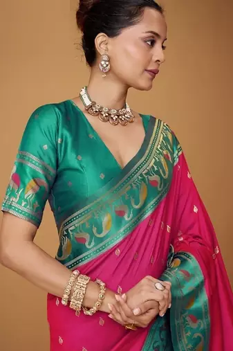 rani pink soft satin contrast border festival wear saree