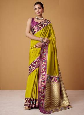 lime soft satin contrast border festival wear saree 1