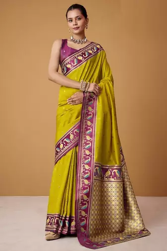 lime soft satin contrast border festival wear saree