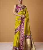 lime soft satin contrast border festival wear saree