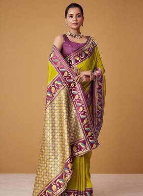 lime soft satin contrast border festival wear saree 2