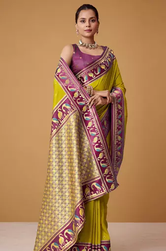 lime soft satin contrast border festival wear saree
