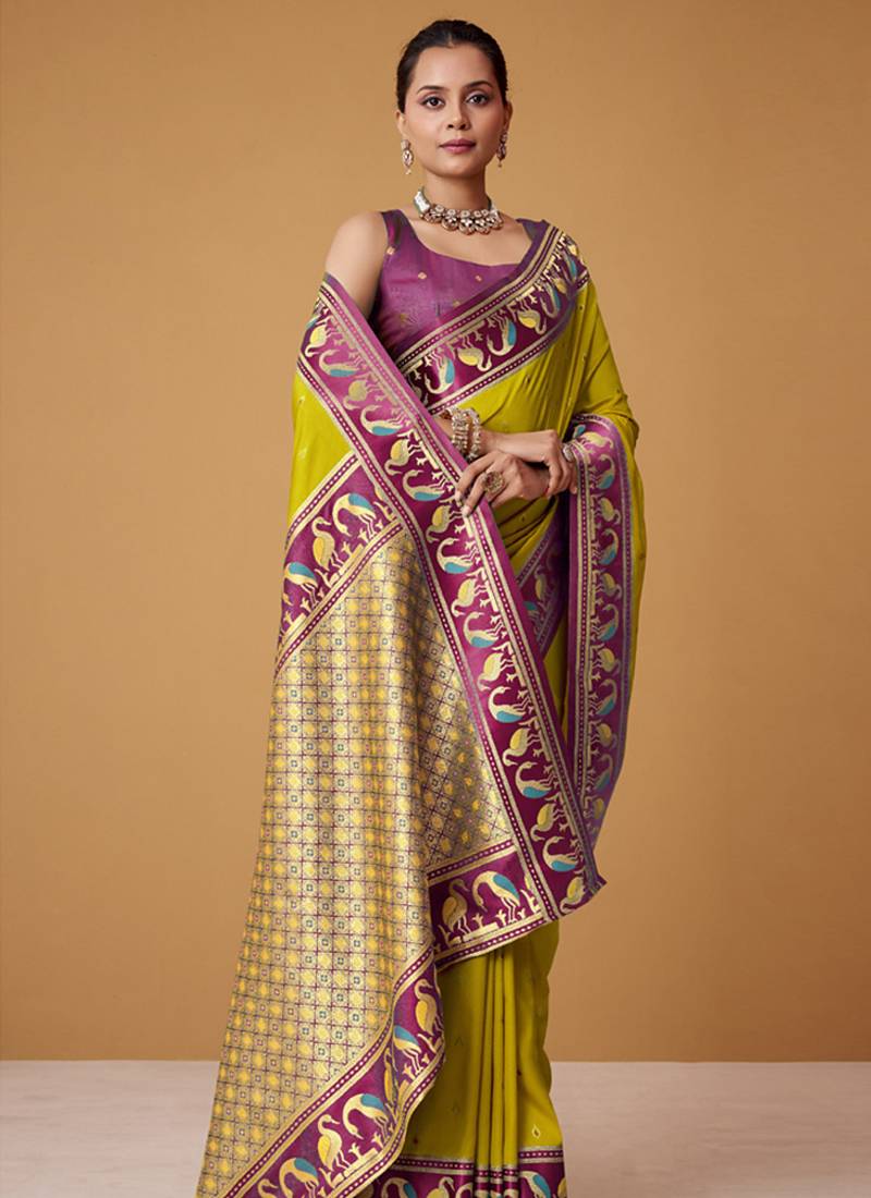 lime soft satin contrast border festival wear saree