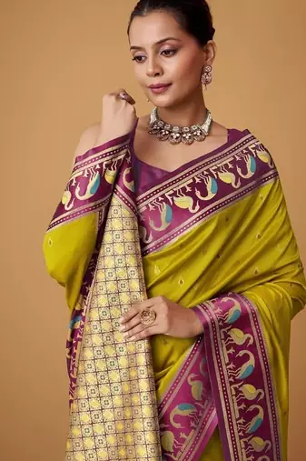 lime soft satin contrast border festival wear saree
