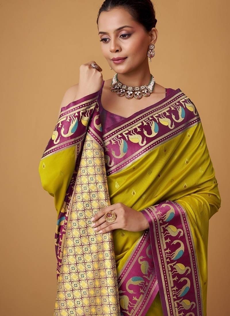 lime soft satin contrast border festival wear saree