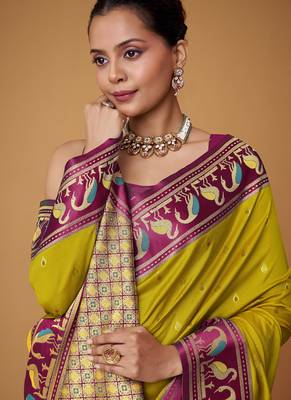 lime soft satin contrast border festival wear saree 4