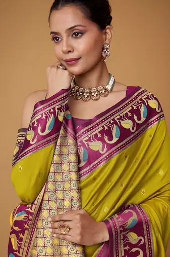 lime soft satin contrast border festival wear saree