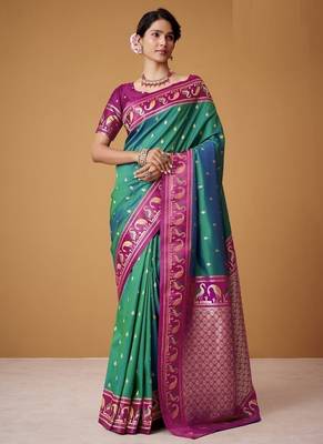 turquoise soft satin contrast border festival wear saree 1