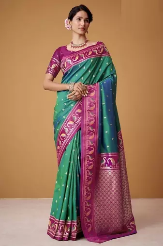 turquoise soft satin contrast border festival wear saree