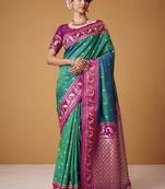 turquoise soft satin contrast border festival wear saree