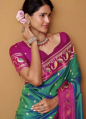 turquoise soft satin contrast border festival wear saree 2