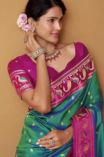 turquoise soft satin contrast border festival wear saree
