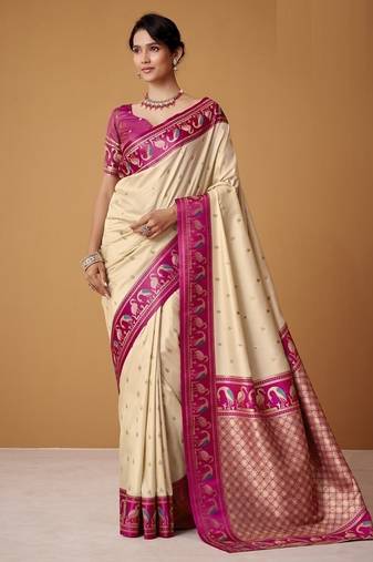 beige soft satin contrast border festival wear saree
