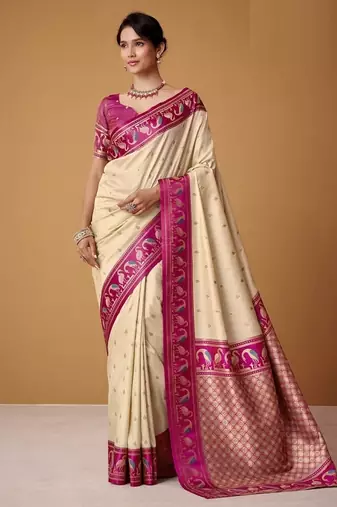beige soft satin contrast border festival wear saree