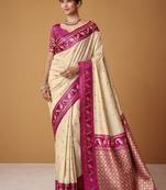 beige soft satin contrast border festival wear saree