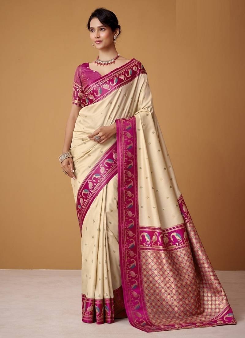 beige soft satin contrast border festival wear saree