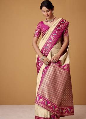 beige soft satin contrast border festival wear saree 2
