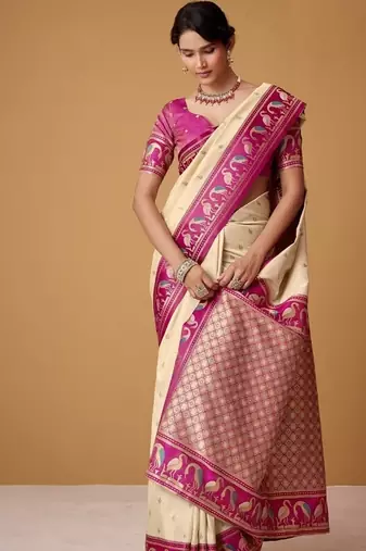 beige soft satin contrast border festival wear saree