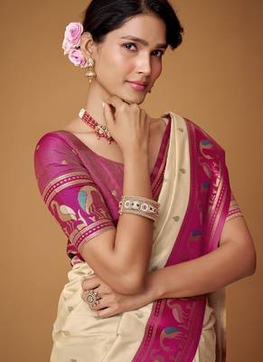 beige soft satin contrast border festival wear saree 3