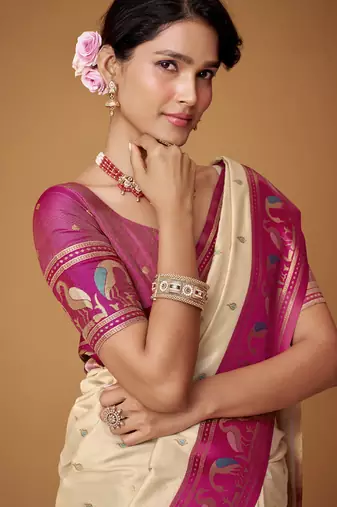 beige soft satin contrast border festival wear saree