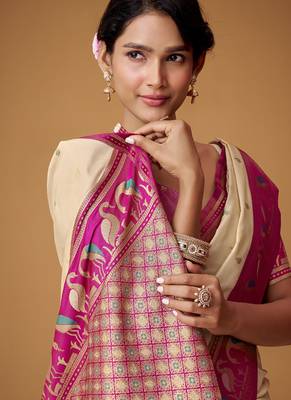 beige soft satin contrast border festival wear saree 4
