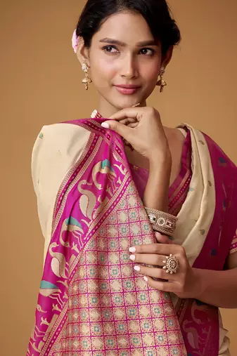 beige soft satin contrast border festival wear saree