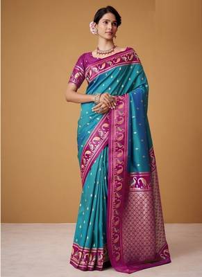 sky blue soft satin contrast border festival wear saree 1