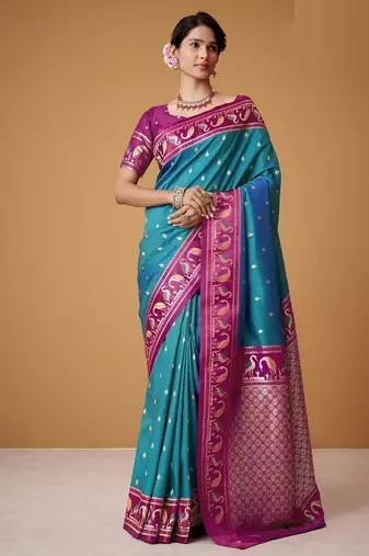 sky blue soft satin contrast border festival wear saree