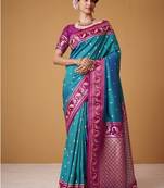 sky blue soft satin contrast border festival wear saree