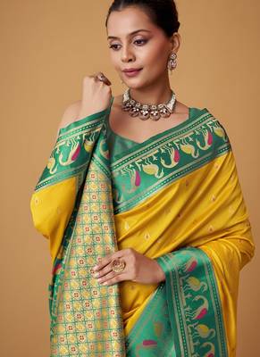 yellow soft satin contrast border festival wear saree 2