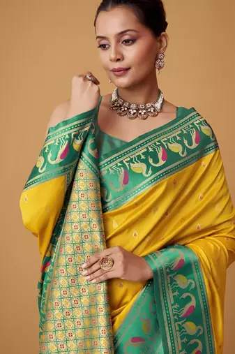 yellow soft satin contrast border festival wear saree