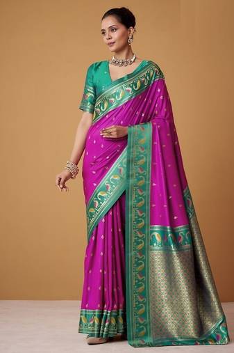 magenta soft satin contrast border festival wear saree