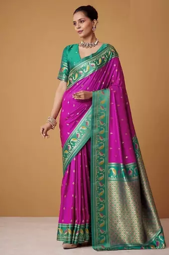 magenta soft satin contrast border festival wear saree