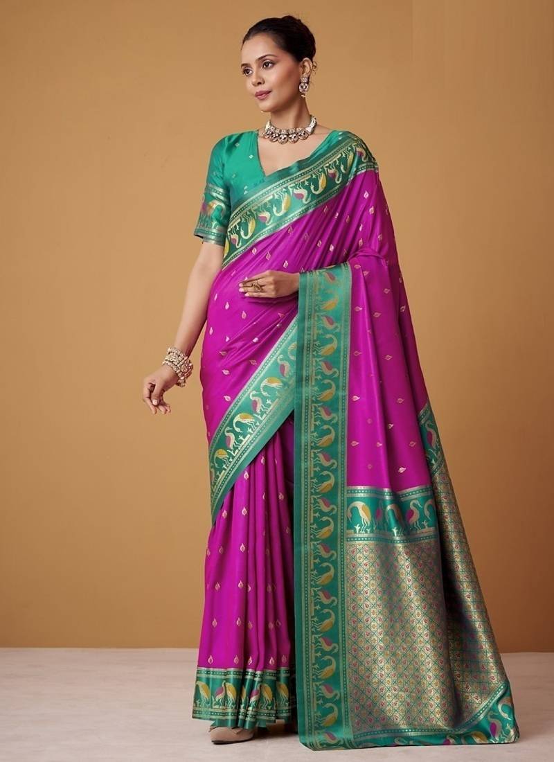magenta soft satin contrast border festival wear saree