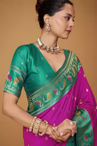magenta soft satin contrast border festival wear saree