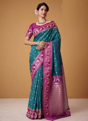 peacock blue soft satin contrast border festival wear saree 1