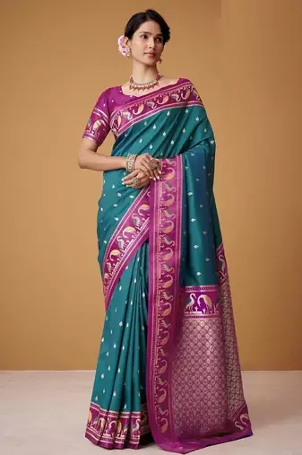 peacock blue soft satin contrast border festival wear saree