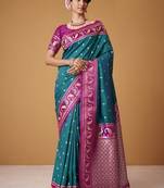 peacock blue soft satin contrast border festival wear saree