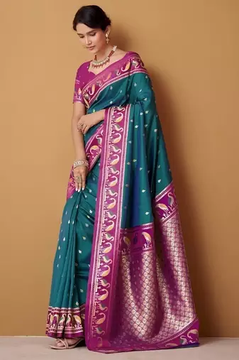 peacock blue soft satin contrast border festival wear saree