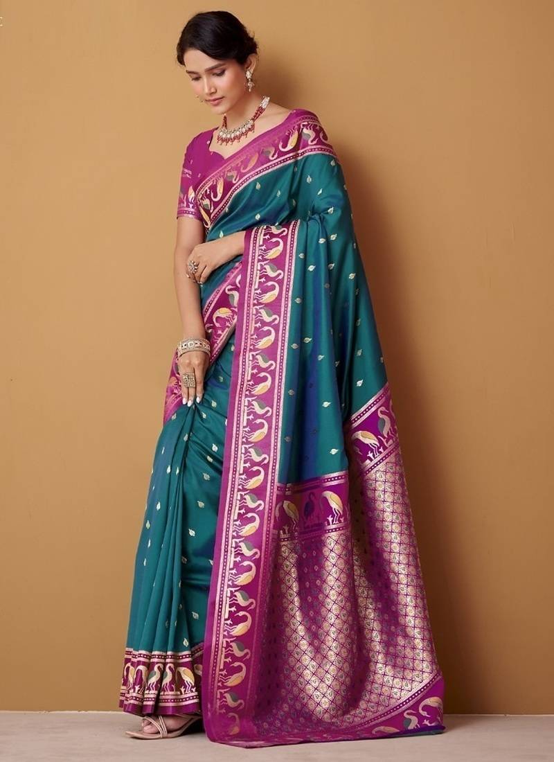 peacock blue soft satin contrast border festival wear saree