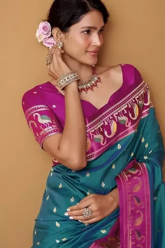 peacock blue soft satin contrast border festival wear saree