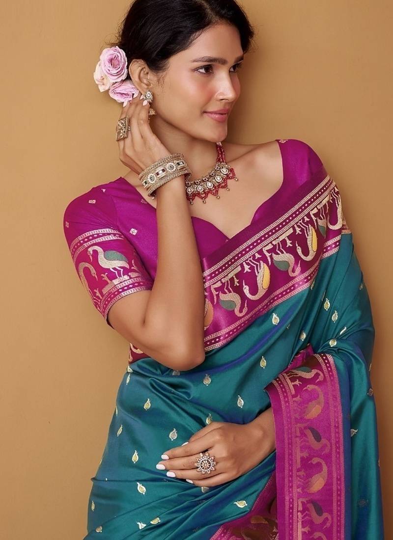 peacock blue soft satin contrast border festival wear saree