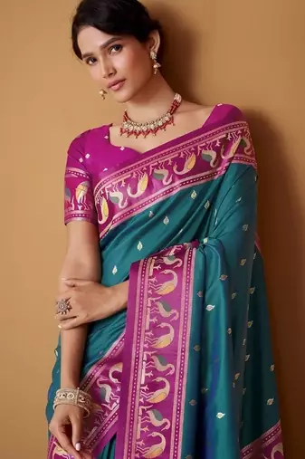 peacock blue soft satin contrast border festival wear saree